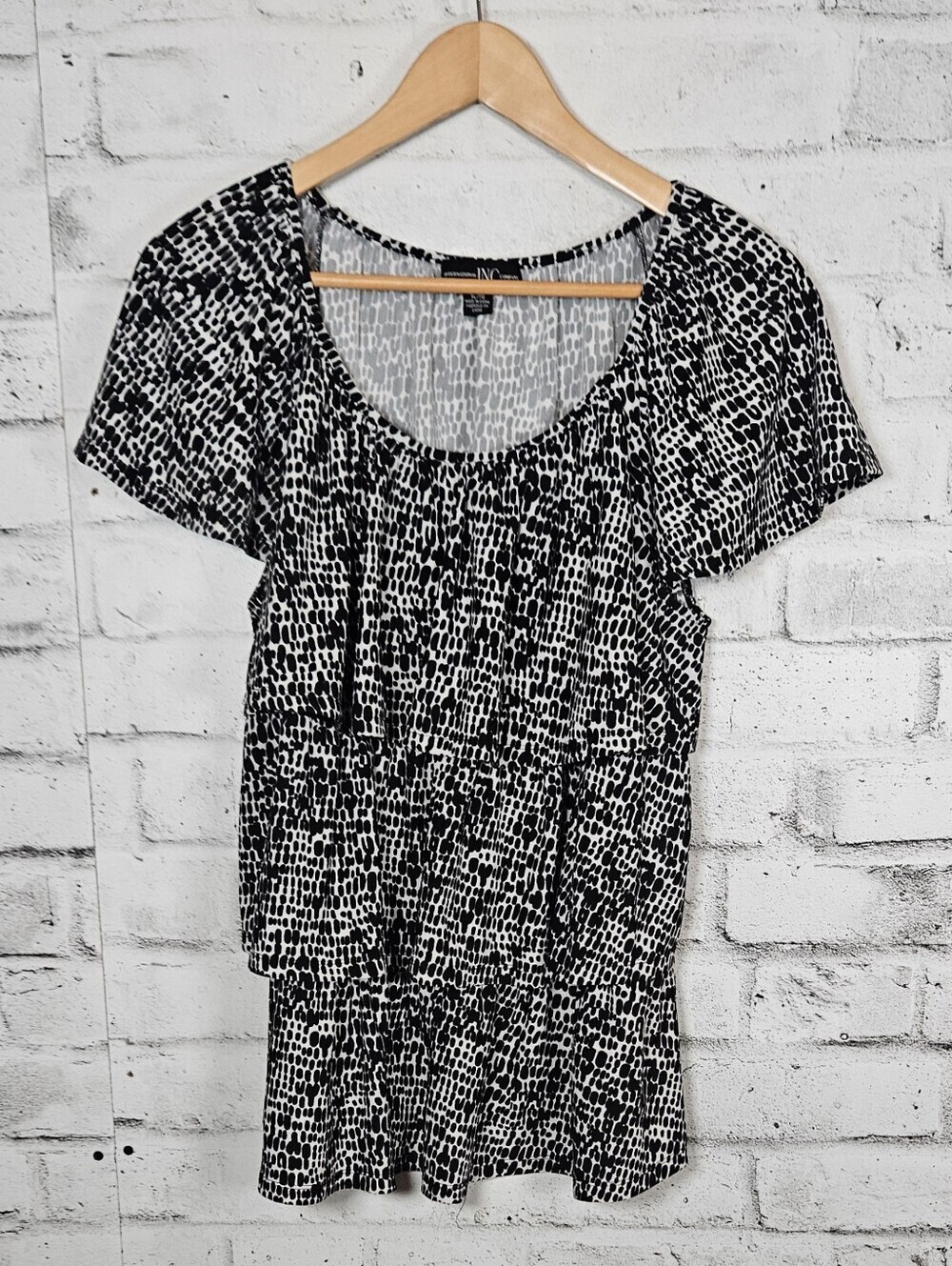 INC International Concepts Animal Print Peplum Blouse XL Black White